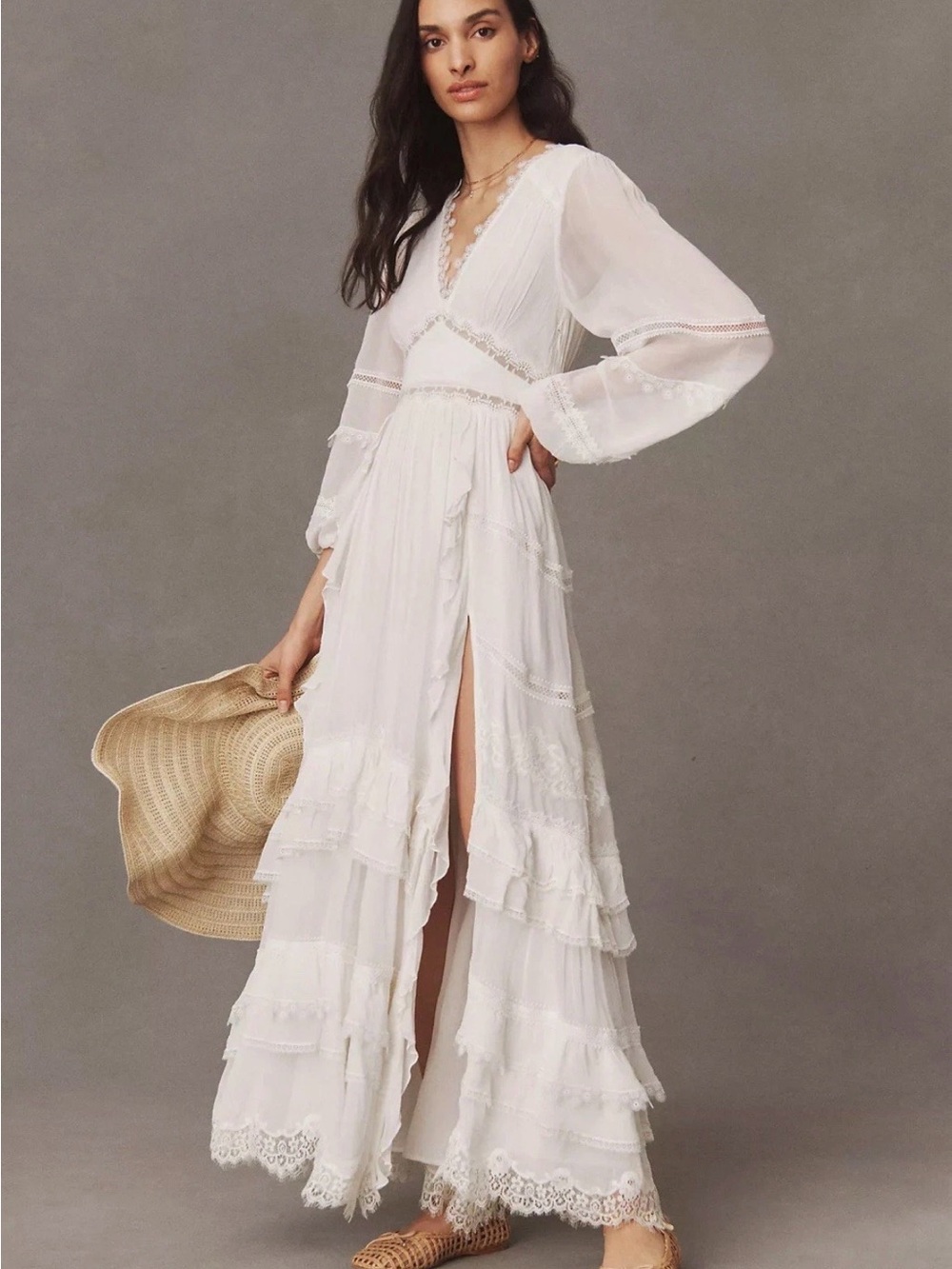 Rococo Sand White V-Neck Tiered Maxi Dress with Lace Trim